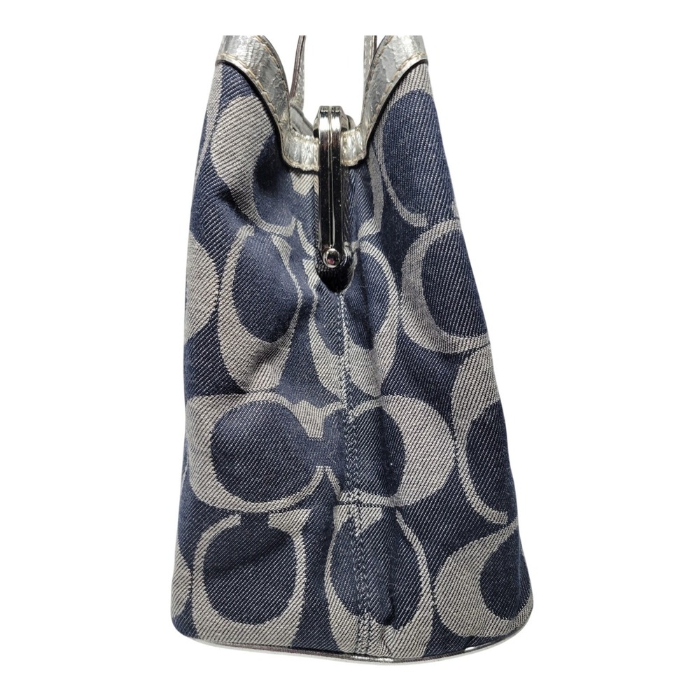 Coach Signature C Denim‎ Tote Womens Large Blue Silver Excellent F19701 Kisslock - Picture 5 of 9
